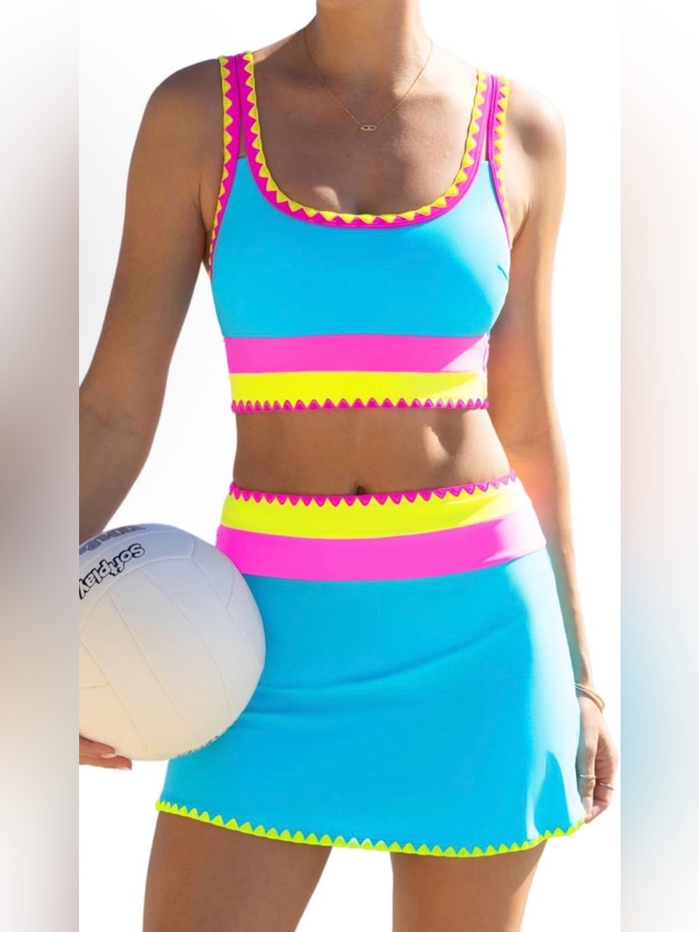 Turquoise, Pink & Yellow Three-Piece Bikini Set with Skirt